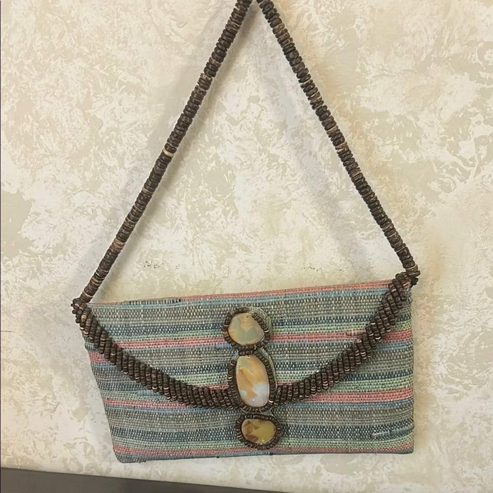 Gray and Brown Bohemian Clutch with Beaded Strap
